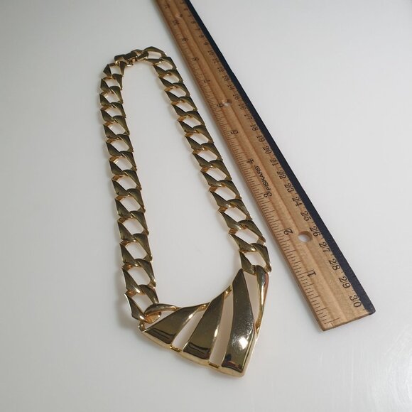 Gold Tone Fashion Necklace Abstract Panel Retro Link Chain Clasp Closure Gift - Picture 4 of 5